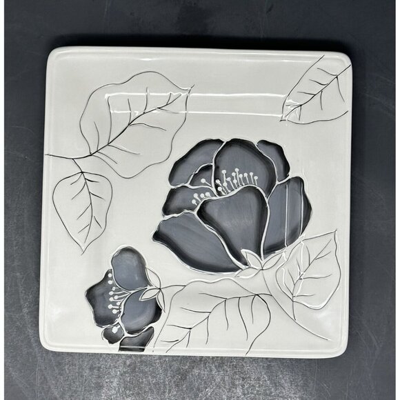LAURIE GATES ANNA BLOOM BLACK Square Salad Luncheon Plate ~ Black Gray Flowers - Picture 3 of 9